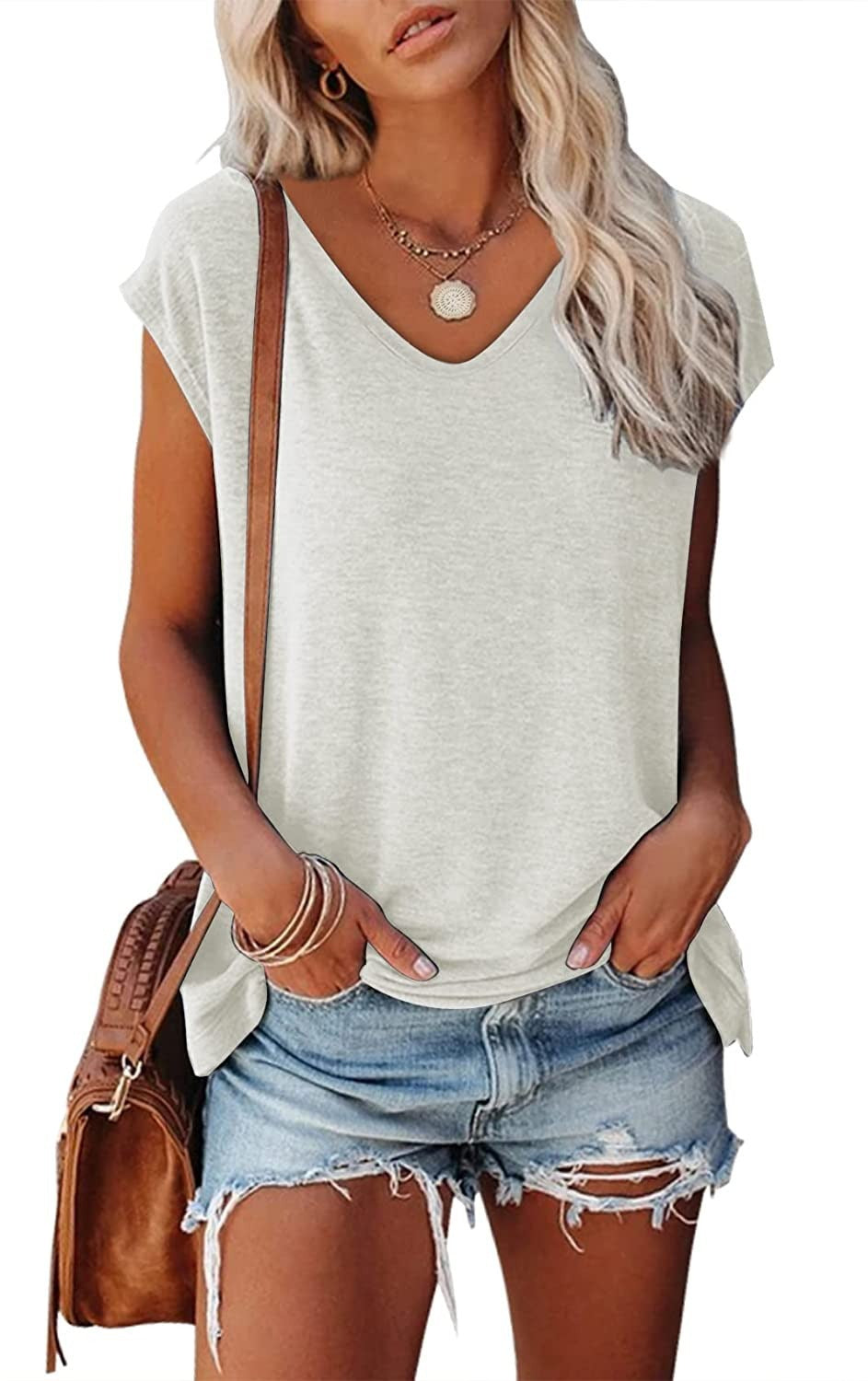 Women's Cap Sleeve V-neck Solid Color Casual Loose-fitting T-shirt - Chic Angle
